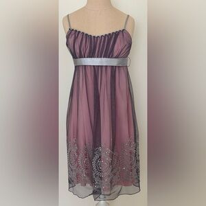 Gray Organza A-Line Dress, Pink Lining & Silver Beaded Sequin, Juniors Small 3/5